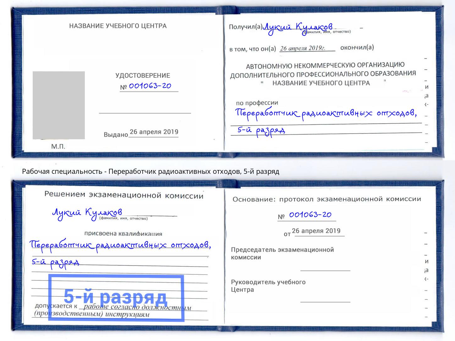 корочка 5-й разряд Переработчик радиоактивных отходов Переславль-Залесский