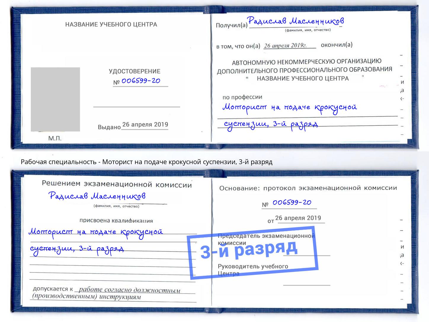 корочка 3-й разряд Моторист на подаче крокусной суспензии Переславль-Залесский