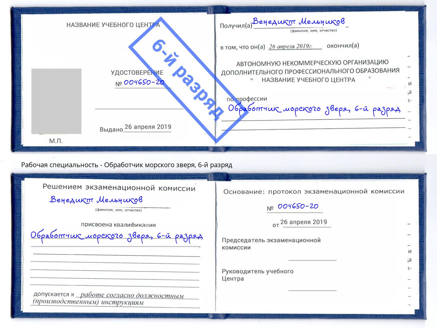 корочка 6-й разряд Обработчик морского зверя Переславль-Залесский
