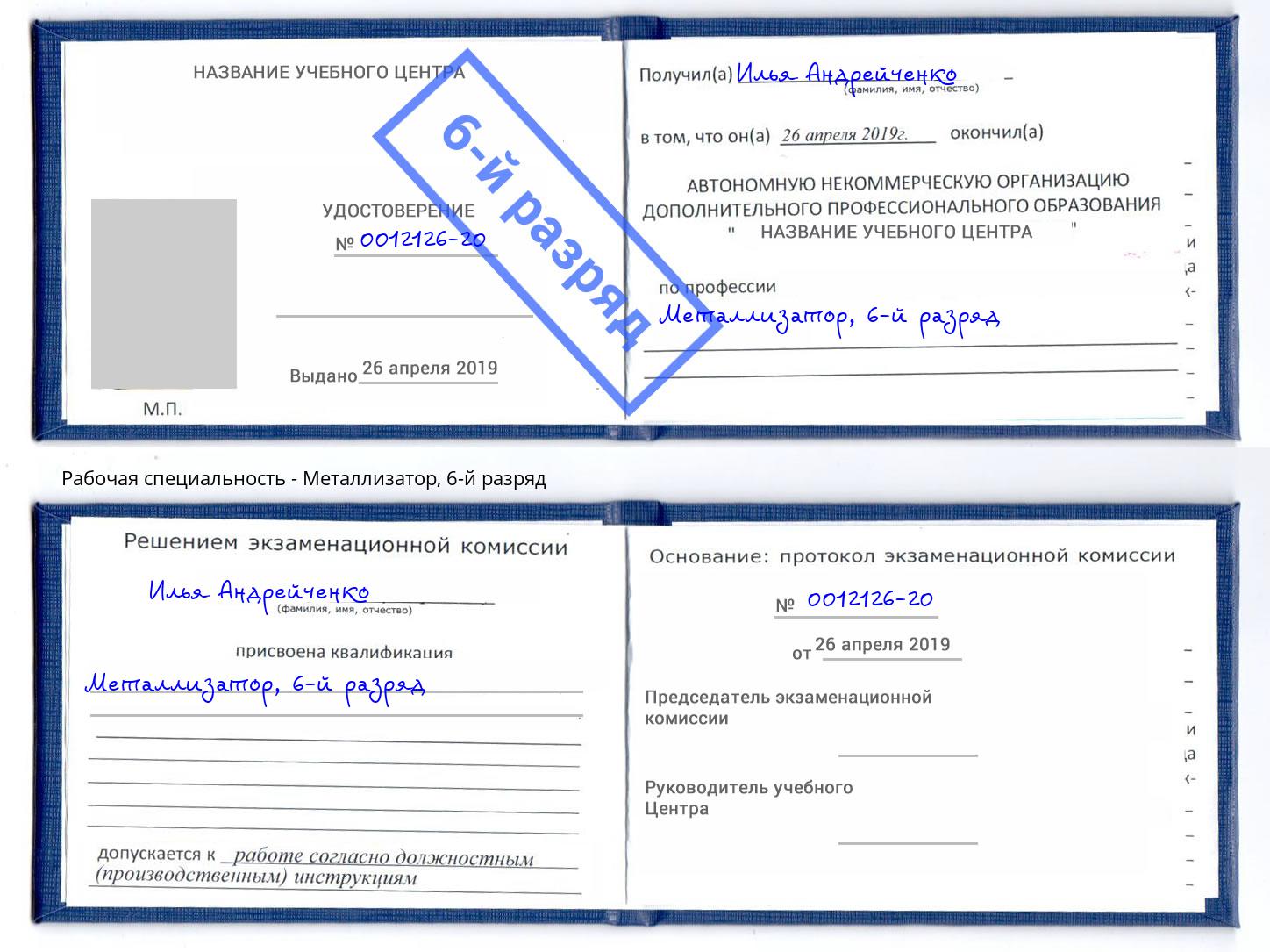 корочка 6-й разряд Металлизатор Переславль-Залесский