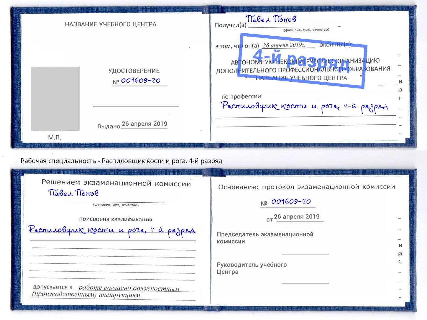 корочка 4-й разряд Распиловщик кости и рога Переславль-Залесский