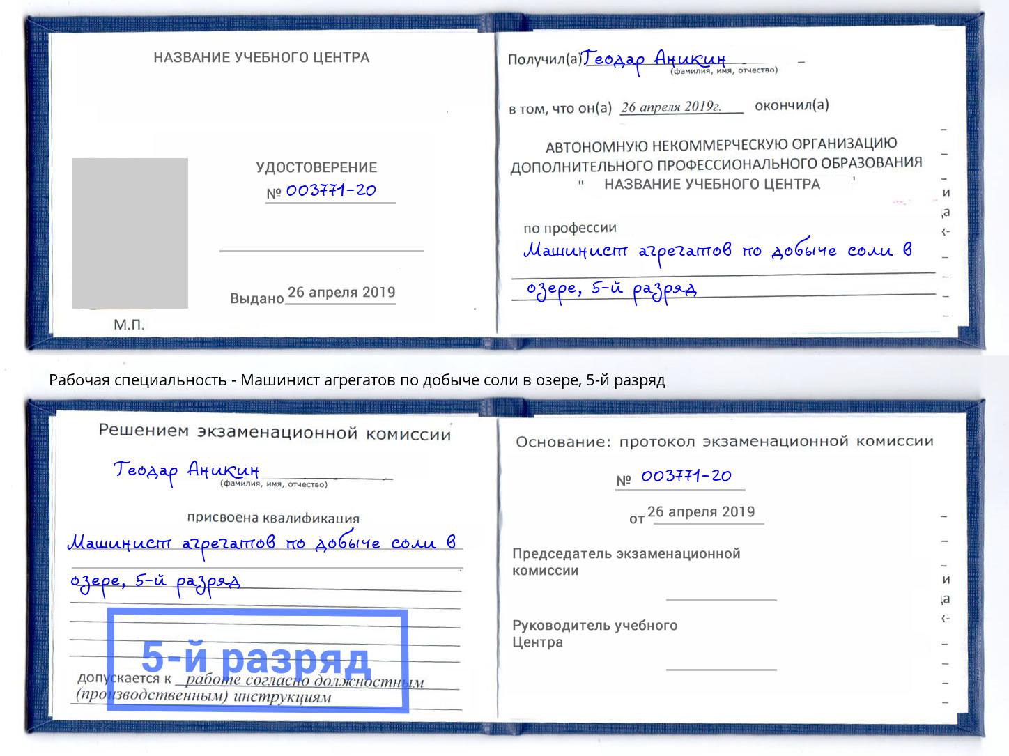 корочка 5-й разряд Машинист агрегатов по добыче соли в озере Переславль-Залесский